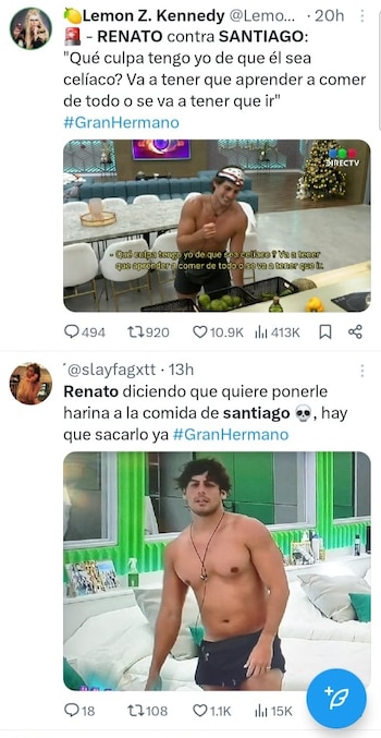 Reacciones contra Renato Rossini Jr. por atacar a Santiago en Gran Hermano. Twitter