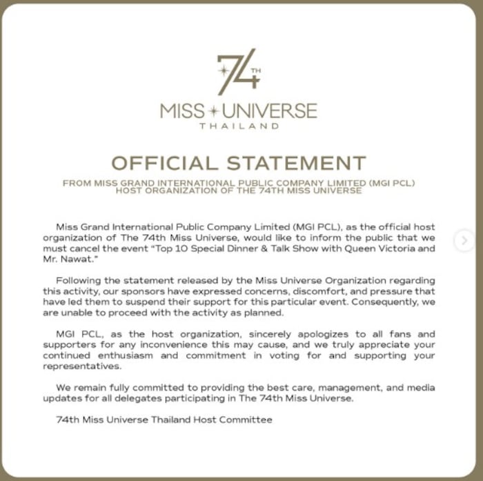 Mr. Nawat cancela cena exclusiva en Miss Universo tras polémica con Fátima Bosh