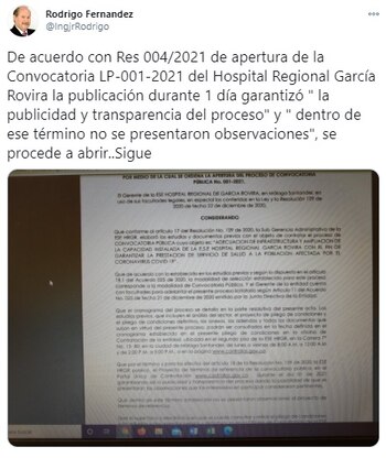 Tuit del Ingeniero Rodrigo Fernández