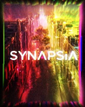 El nombre Synapsia se ubica en el centro de un escenario urbano nocturno iluminado con tonos rojos, amarillos y púrpuras. (Synapsia/UNAM)