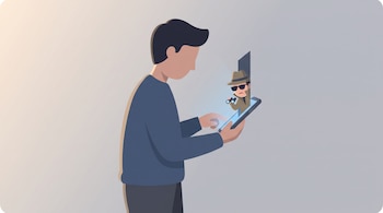 Ilustración de un hombre usando un teléfono móvil del que sale una pequeña figura con sombrero, gafas de sol y binoculares.