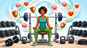 Ilustración de una mujer sentada meditando en un banco de gimnasio, con barras, mancuernas y pesas rusas alrededor, y símbolos de cerebros y corazones flotando