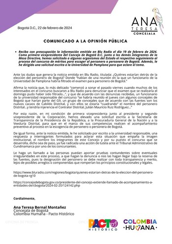 Ana Teresa Bernal pide a