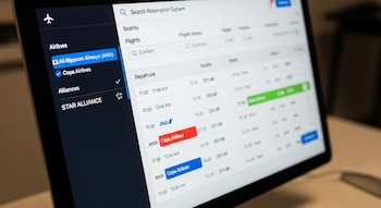 Primer plano de una pantalla de computadora que muestra un sistema de reserva de vuelos con aerolíneas y alianzas listadas.