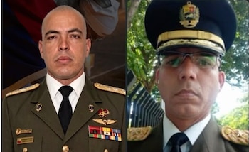 Dos fotos de un hombre con uniforme militar verde oliva, corbata negra, condecoraciones y gorra con escudo