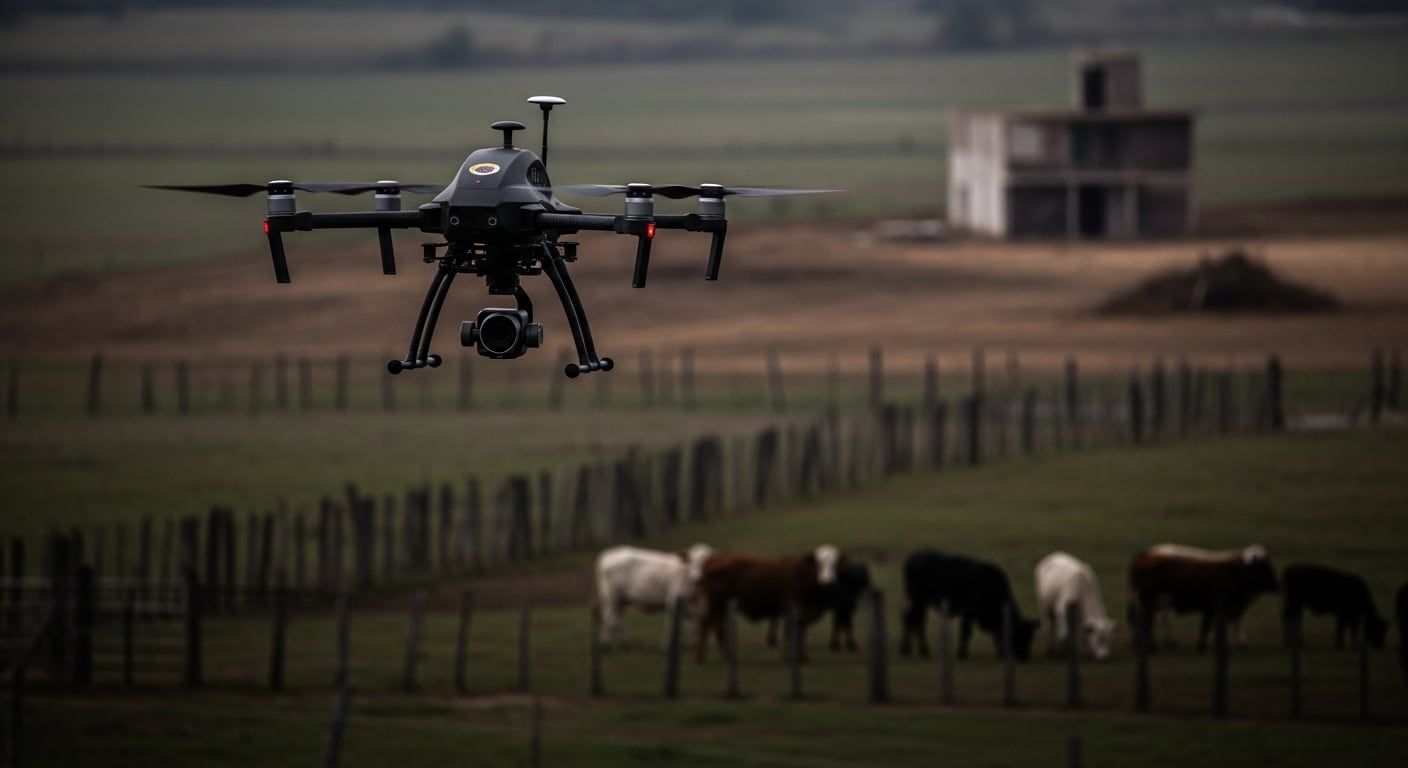 Un dron sobrevuela un campo con ganado y una edificación en el Estado de México, en el marco de una iniciativa contra el uso de estos aparatos en delitos como el abigeato. (Imagen Ilustrativa Infobae)