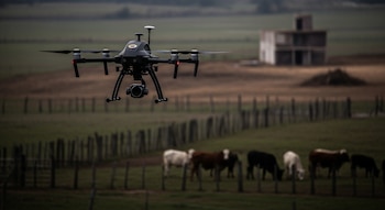 Un dron negro con cuatro hélices y cámara central flota sobre un campo verde. Se ven un cerco de madera, vacas, una construcción y una pila de tierra.