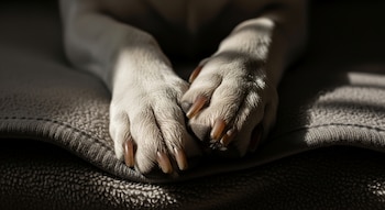 Primer plano de las patas delanteras de un perro con pelaje claro y uñas largas, apoyadas sobre una superficie textil oscura con luz y sombra.