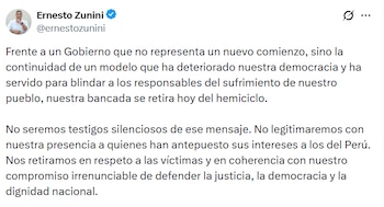 Ernesto Zunini explicó por qué se salió del hemiciclo antes del mensaje de Fujimori - Créditos: @ernestozunini.