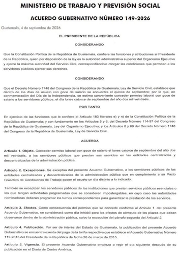 Documento impreso del Ministerio de Trabajo y Previsión Social de Guatemala correspondiente al Acuerdo Gubernativo número 149-2026