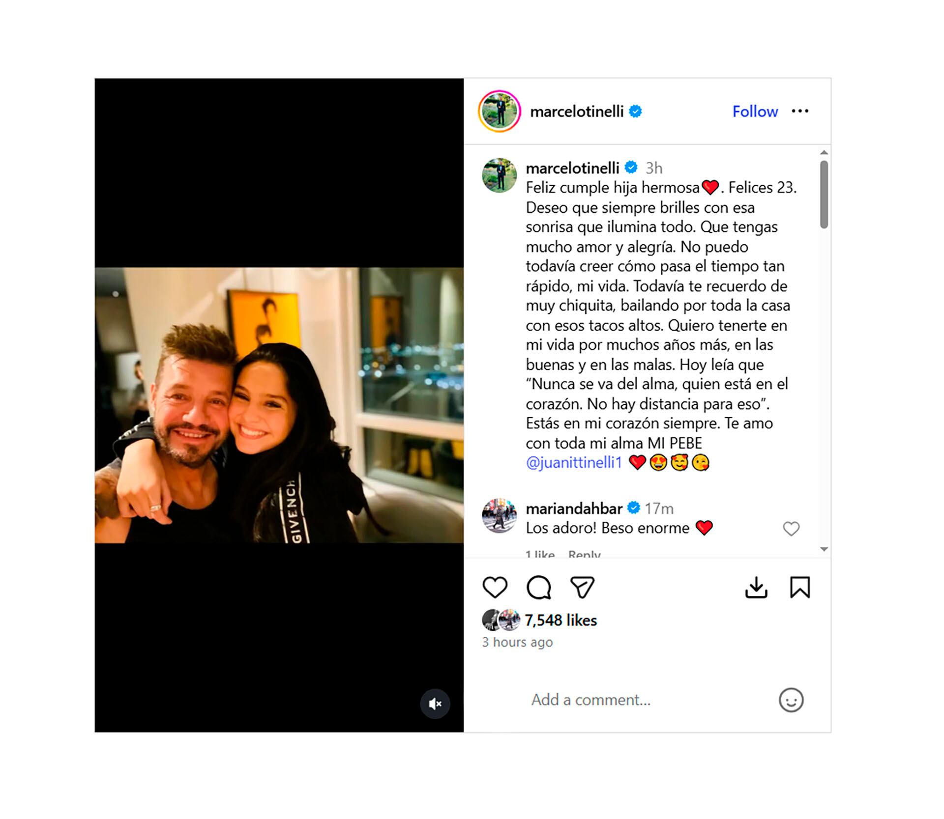 Marcelo Tinelli compartió un mensaje público lleno de afecto y nostalgia para su hija Juanita en su cumpleaños número 23