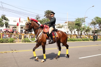 Hombre con uniforme militar montado a caballo, que lleva adornos ceremoniales, en una calle con público detrás de vallas y un hospital al fondo