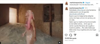 Marta Sánchez felicitó a Karol G por la nueva versión de "Vivo Por Ella" - crédito @martisimasanchez/Instagram