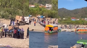 Tres imágenes en secuencia vertical que muestran personas cargando cajas en la orilla de un río con embarcaciones y vehículos.