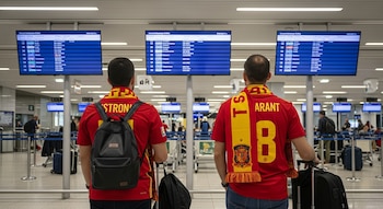 Dos personas de espaldas mirando las pantallas de una eropuerto