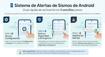 Infografía con tres paneles que muestran teléfonos móviles y manos tocando pantallas para activar el sistema de alertas de sismos de Android
