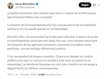 El congresista Óscar Benavides informór que citará a un debate de control político para que se conozca la verdad sobre la muerte de Donovan Balanta - crédito @ODBenavidesA/X