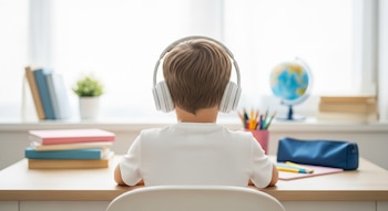 Niño de espaldas con auriculares blancos, sentado en un escritorio rodeado de libros y útiles escolares.