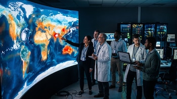 Personas con bata blanca y ropa formal observan una gran pantalla curva con un mapa global de temperaturas en una sala con servidores