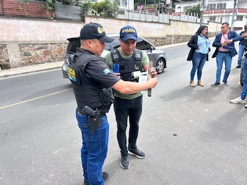 Un hombre sobre una escalera metálica ajusta un dispositivo blanco en un poste rodeado de follaje verde