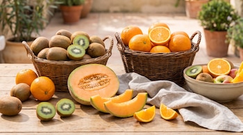 Dos cestas con kiwis y naranjas, un melón abierto, rodajas de melón y naranja, kiwis enteros, naranjas, y un tazón con frutas sobre una mesa de madera