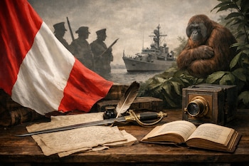 Bandera peruana, documentos antiguos, tintero, pluma, espada, libro abierto, cámara daguerrotipo, siluetas de soldados, buque de guerra, orangután