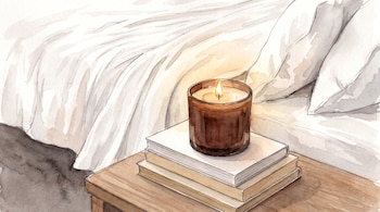 Ilustración en acuarela de una vela encendida sobre dos libros encima de una mesa de noche junto a una cama con sábanas y almohadas blancas.
