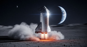 Una nave espacial Starship plateada desciende sobre la superficie lunar gris y rocosa, con sus motores encendidos liberando humo. La Tierra es visible en el fondo.