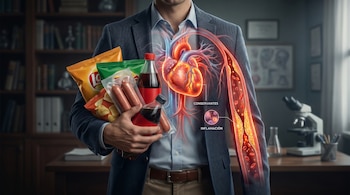 Hombre sostiene snacks, embutidos y bebidas. Una superposición médica muestra corazón y arterias inflamadas con etiquetas "CONSERVANTES" e "INFLAMACIÓN".