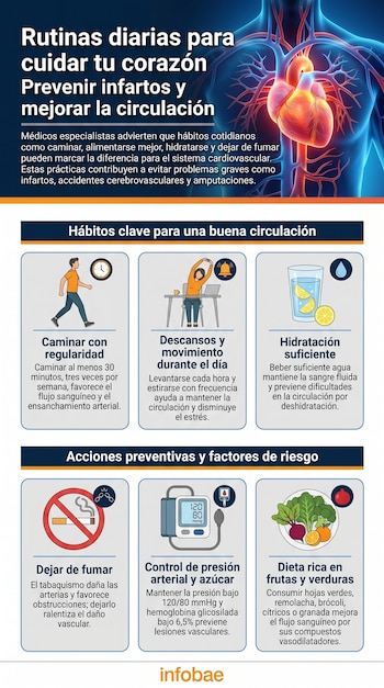 Infografía ilustra un torso humano con un corazón y vasos sanguíneos luminosos, y paneles con iconos que representan hábitos saludables para el corazón.