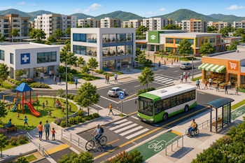 Edificios residenciales, una escuela, un centro de salud, una tienda, un autobús en la calle, un ciclista en una ciclovía y un parque infantil.