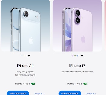 Dos teléfonos inteligentes en tonos azul y violeta con etiquetas que indican iPhone Air e iPhone 17 sobre sus precios en euros