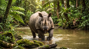 Un rinoceronte camina dentro de un río rodeado por frondosa vegetación tropical, helechos y rocas con musgo.