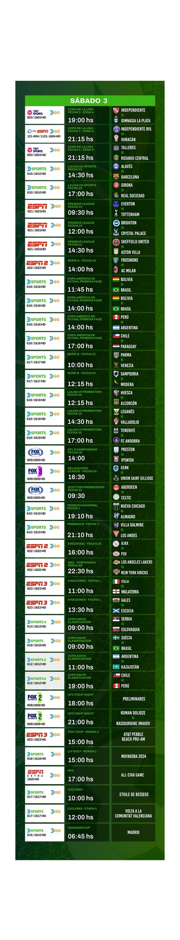 Agenda deportiva sábado 3 de febrero