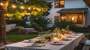 Mesa de exterior con mantel blanco, ocho puestos de platos dorados, copas, velas, centros florales, árbol con guirnaldas de luces y casa blanca de fondo.