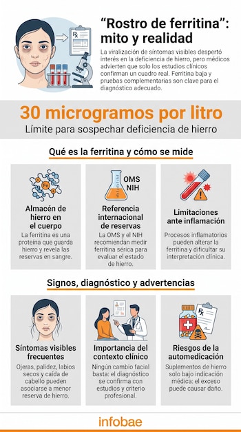 Infografía con rostro femenino pálido, tubos de sangre, microscopio, médico, fármacos y textos sobre ferritina, diagnóstico y automedicación.