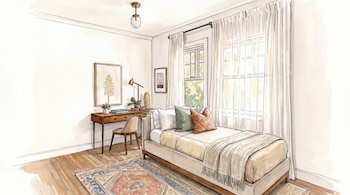 Ilustración en acuarela de un dormitorio con cama individual, escritorio de madera, alfombra geométrica y ventana con cortinas.