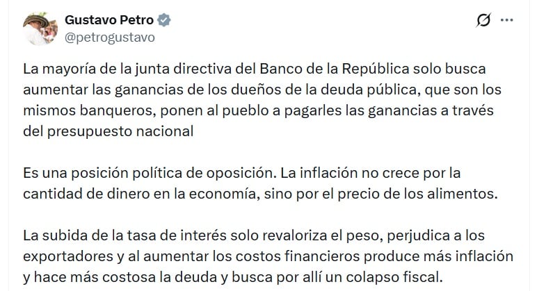 Gustavo Petro, presidente de Colombia, dijo que el Banco de la República busca aumentar las ganacias de los banquerors - crédito @PetroGustavo/X