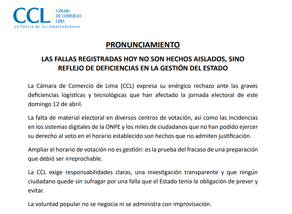 Comunicado de la Cámara de Comercio de Lima. Foto: CCL