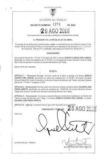 El Gobierno de Colombia dejó sin efecto el encargo de Soraya Pino como secretaria general del Ministerio del Trabajo y designó en su reemplazo, con nombramiento ordinario, a Eduardo Pineda - crédito Ministerio de Trabajo