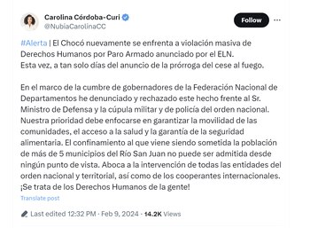 La gobernadora de Chocó, Carolina Córdoba Curi, aseguró que en Chocó hay una violación masiva de derechos humanos - crédito @NubiaCarolinaCC7X