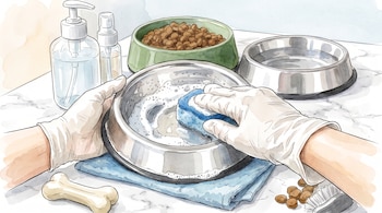 Manos con guantes blancos lavan un plato de metal con una esponja con espuma, junto a tazones con agua y comida, un hueso de juguete y frascos.
