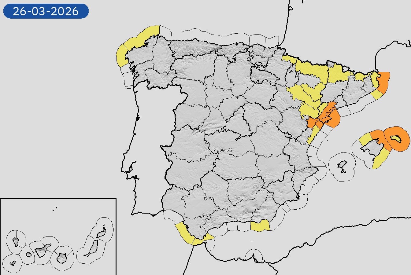 Mapa de alertas meteorológicas para este jueves, 26 de marzo de 2026. (Aemet)