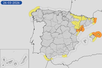 Mapa de alertas meteorológicas para este jueves, 26 de marzo de 2026. (Aemet)