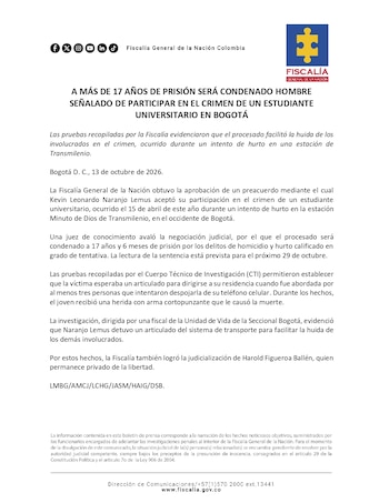 La investigación de la Fiscalía estableció que Naranjo Lemus sostuvo las puertas de un bus articulado para facilitar la fuga de los agresores - crédito Fiscalía General de la Nación