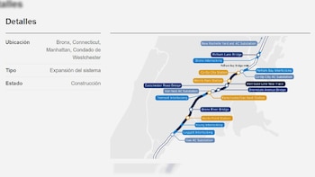 Captura de pantalla de un diagrama que muestra la expansión de una línea de transporte ferroviario con estaciones y puntos clave en el Bronx, Manhattan y Westchester