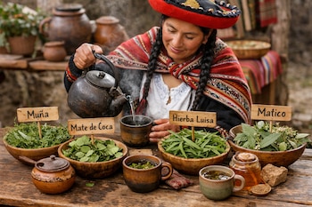 Una mujer peruana con vestimenta tradicional vierte agua caliente en una taza. Sobre la mesa, cuencos con Muña, Mate de Coca, Hierba Luisa y Matico.