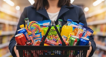 Persona sosteniendo una canasta de compras llena de dulces, caramelos, chocolates y varias bebidas azucaradas, con el fondo de una tienda desenfocado.