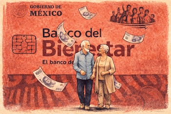 Dibujo de una pareja de adultos mayores sonriendo, tomados de la mano, sobre un fondo rojo con el logo del Banco del Bienestar, billetes de 1000 pesos y siluetas de familias.