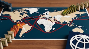 Mapa conceptual con rutas marítimas rojas interrumpidas en el Estrecho de Ormuz, barriles de petróleo y sacos de alimentos cayendo en efecto dominó hacia Centroamérica. Logo del Banco Mundial.